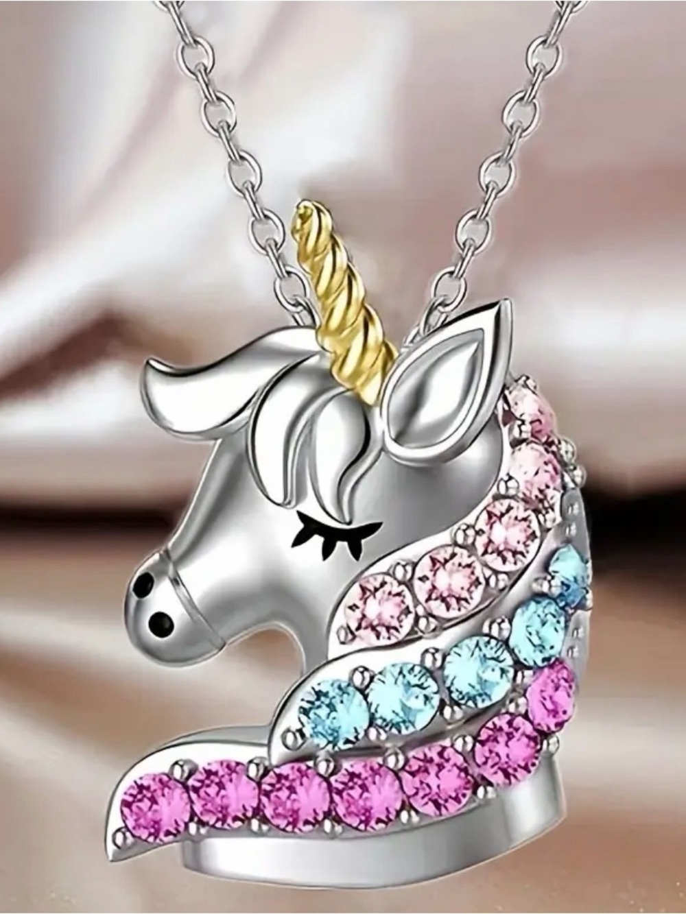 Silver-Tone Unicorn Pink & Blue Sparkling Stones Necklace (N66)